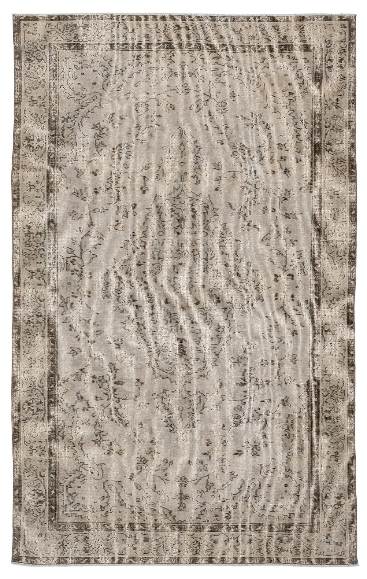 Beige and taupe vintage-style rug with a central floral medallion and ornate border on a white background.