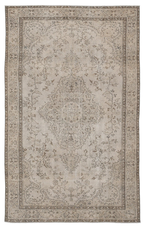 Load image 1 in gallery view. Beige and taupe vintage-style rug with a central floral medallion and ornate border on a white background.