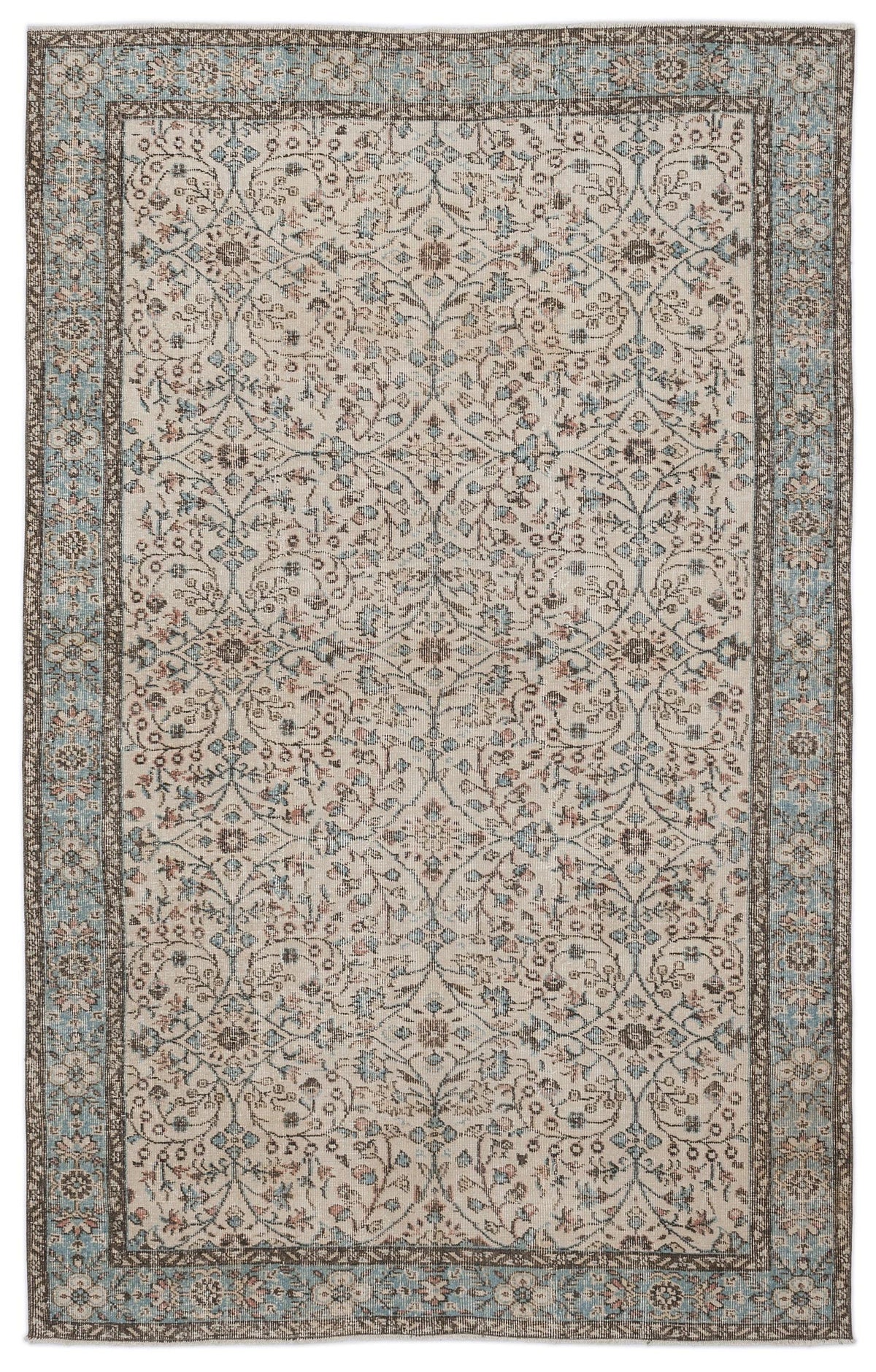Beige and blue traditional rug with a distressed floral vine pattern and a decorative border on a white background.