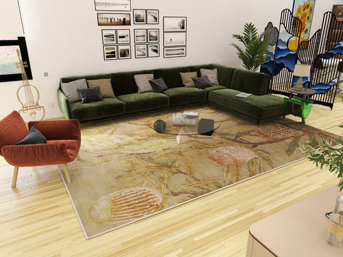 Load image 1 in gallery view. A modern living room with a green sectional sofa, red armchair, glass coffee table, plants, mountain-design folding screen, wall art, light wood flooring, and a large Dreamweaver's Loom - Washable Rug - JRS001 (Custom Size) for high-traffic areas.