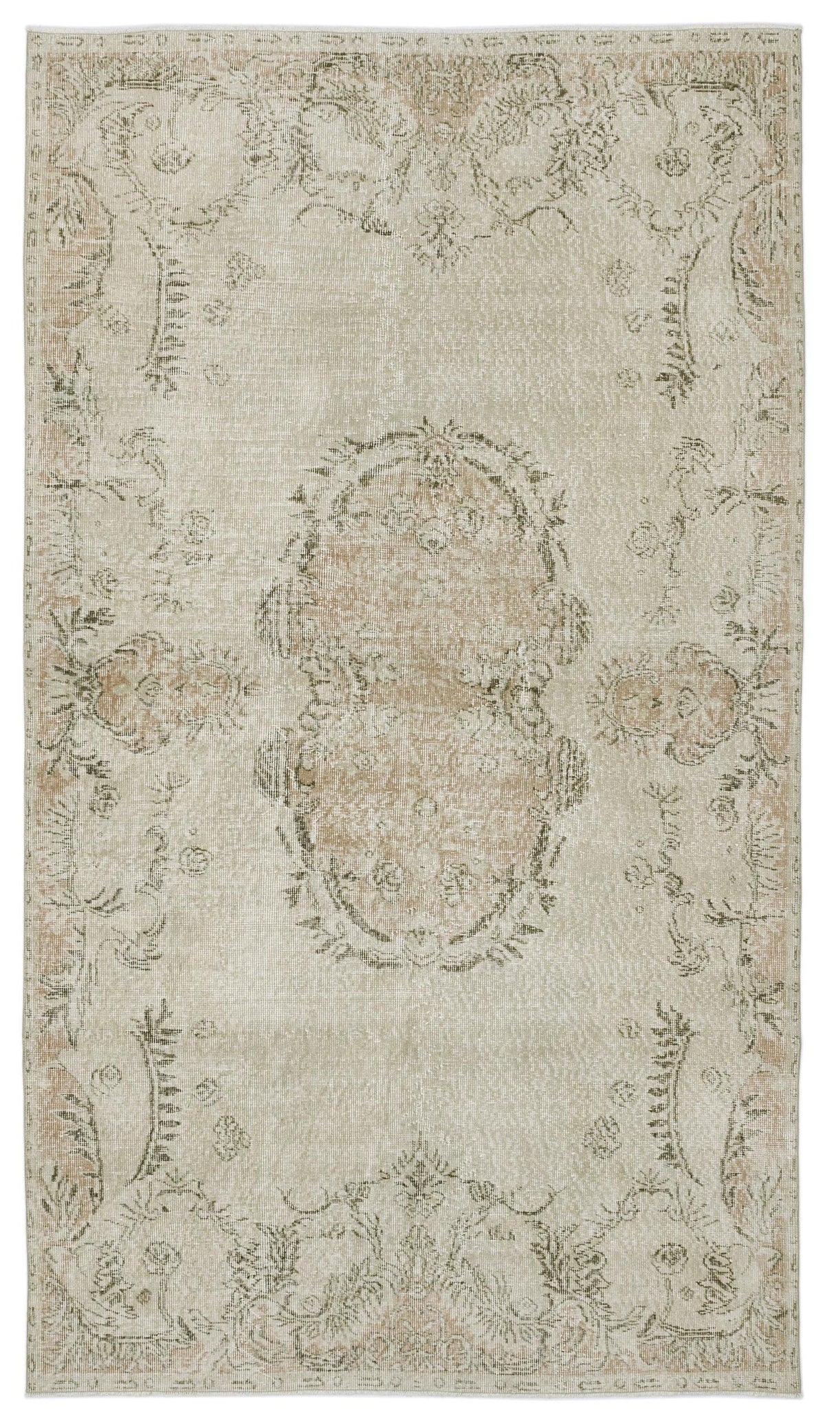Beige and taupe distressed traditional rug with a central floral medallion and ornate border pattern.
