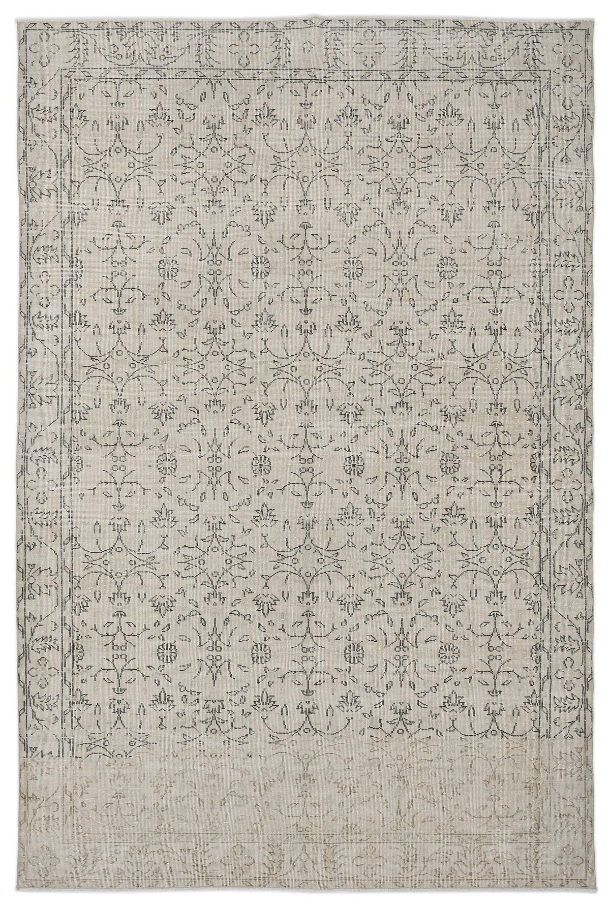 Beige rug with a dark grey linear floral vine pattern and a decorative border on a white background.