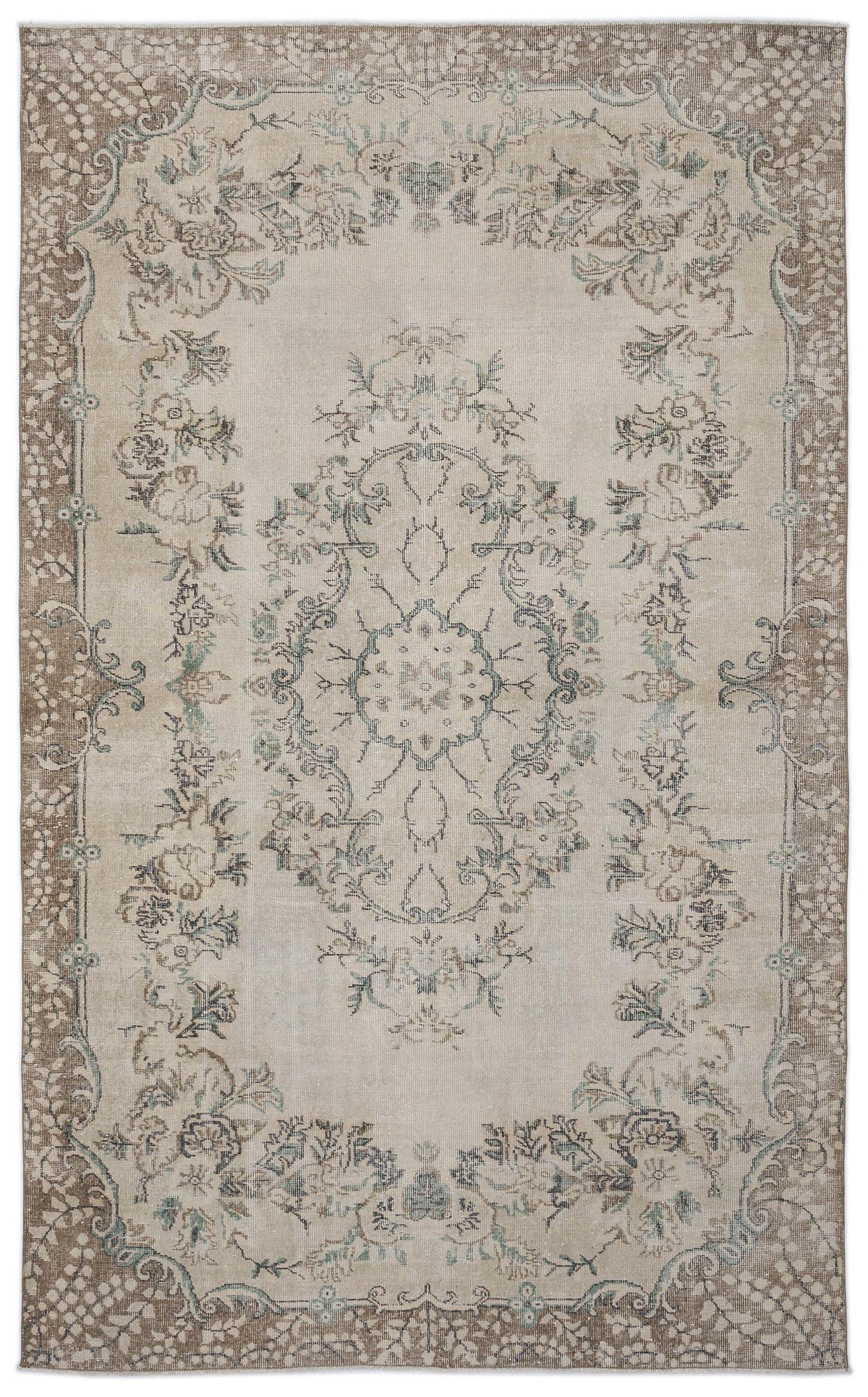 Beige and taupe traditional rug with a central floral medallion and ornate border on a white background.