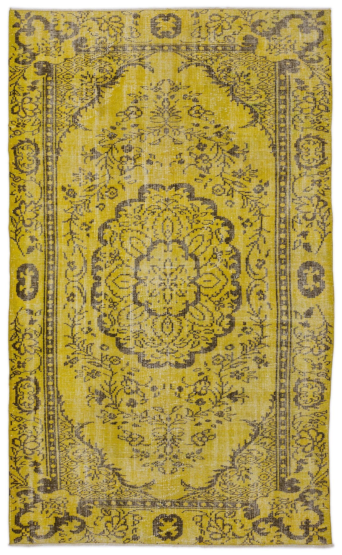 Mustard yellow and charcoal grey traditional rug with a central floral medallion and distressed border pattern.