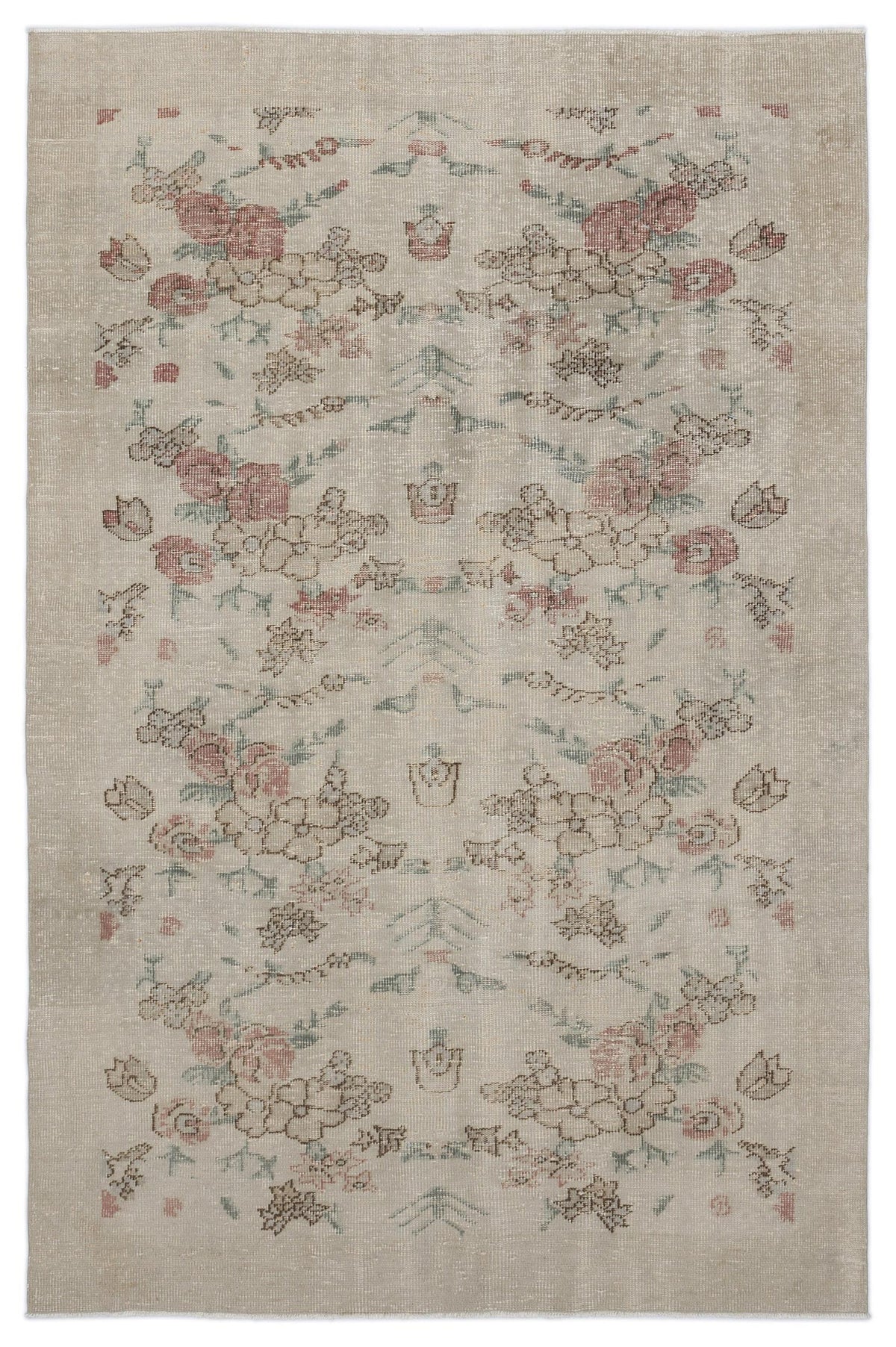 Beige vintage-style rug with a faded floral pattern in muted red, green, and brown tones.