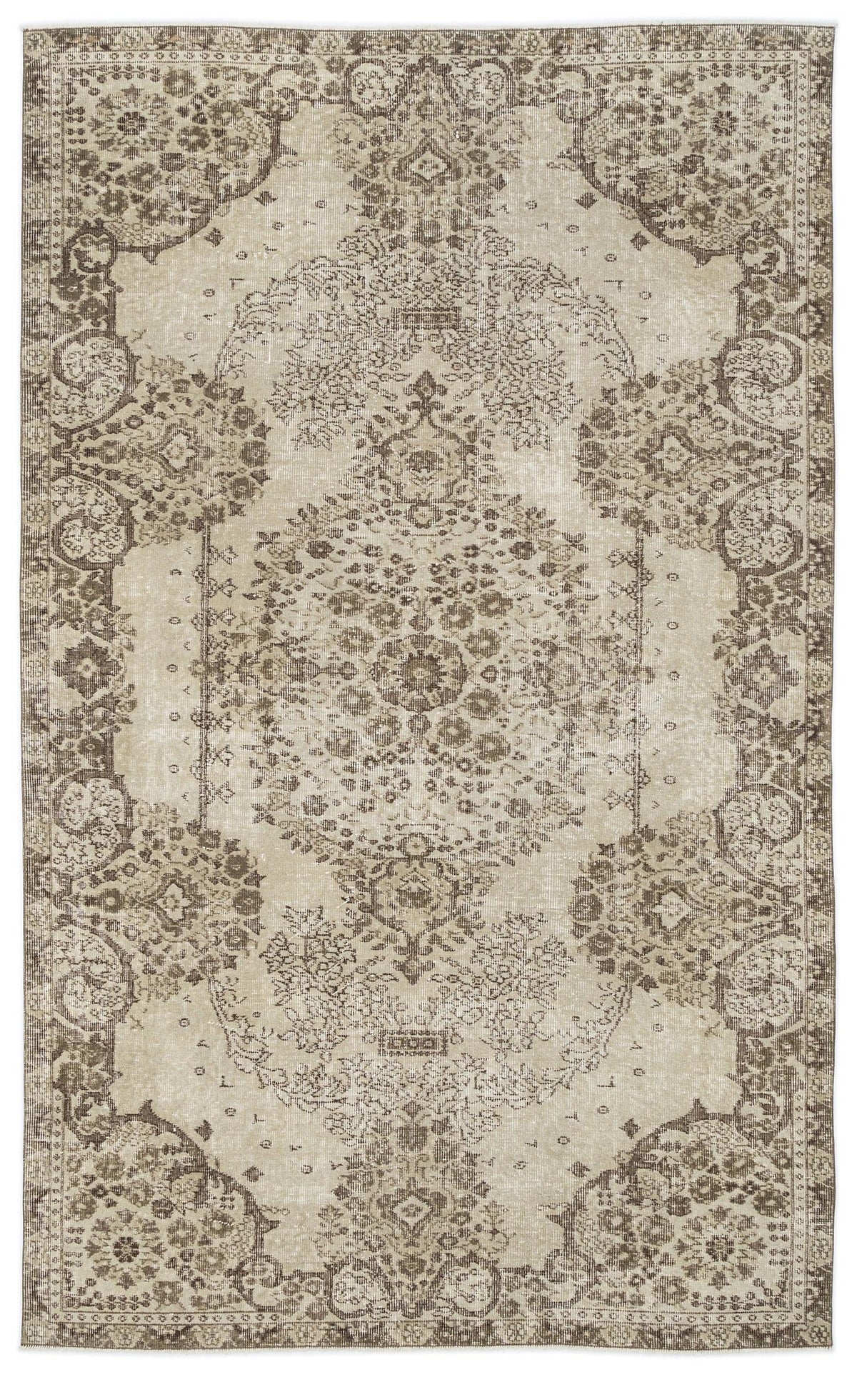 Beige and brown traditional area rug with a distressed central medallion and ornate floral border on a white background.