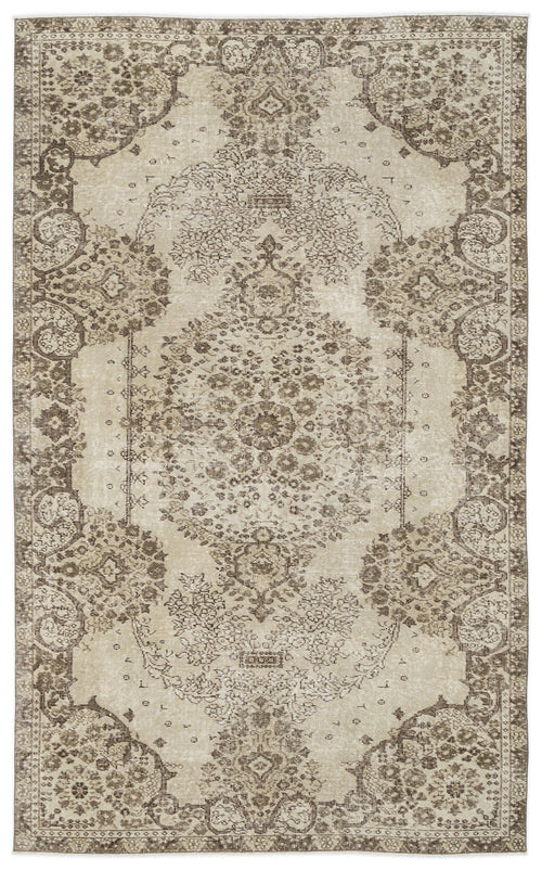 Load image 1 in gallery view. Beige and brown traditional area rug with a distressed central medallion and ornate floral border on a white background.