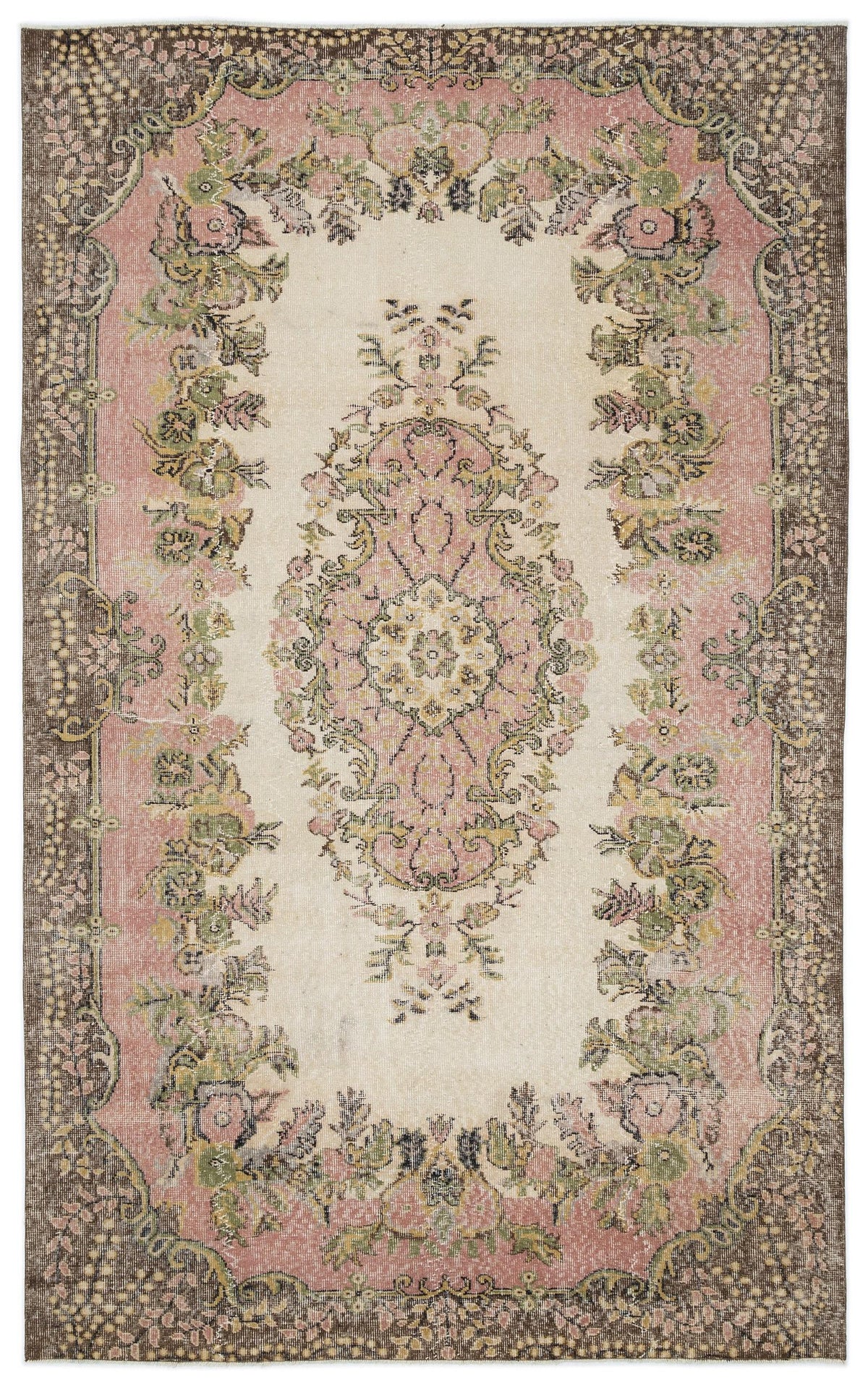 Cream, pink, and brown vintage-style rug with a central floral medallion and ornate botanical border.