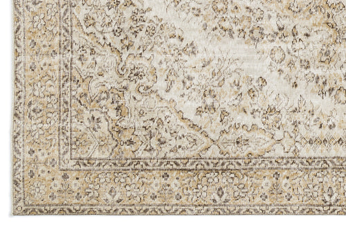 Load image 1 in gallery view. Beige and cream vintage-style rug with a distressed floral medallion pattern and a detailed border.