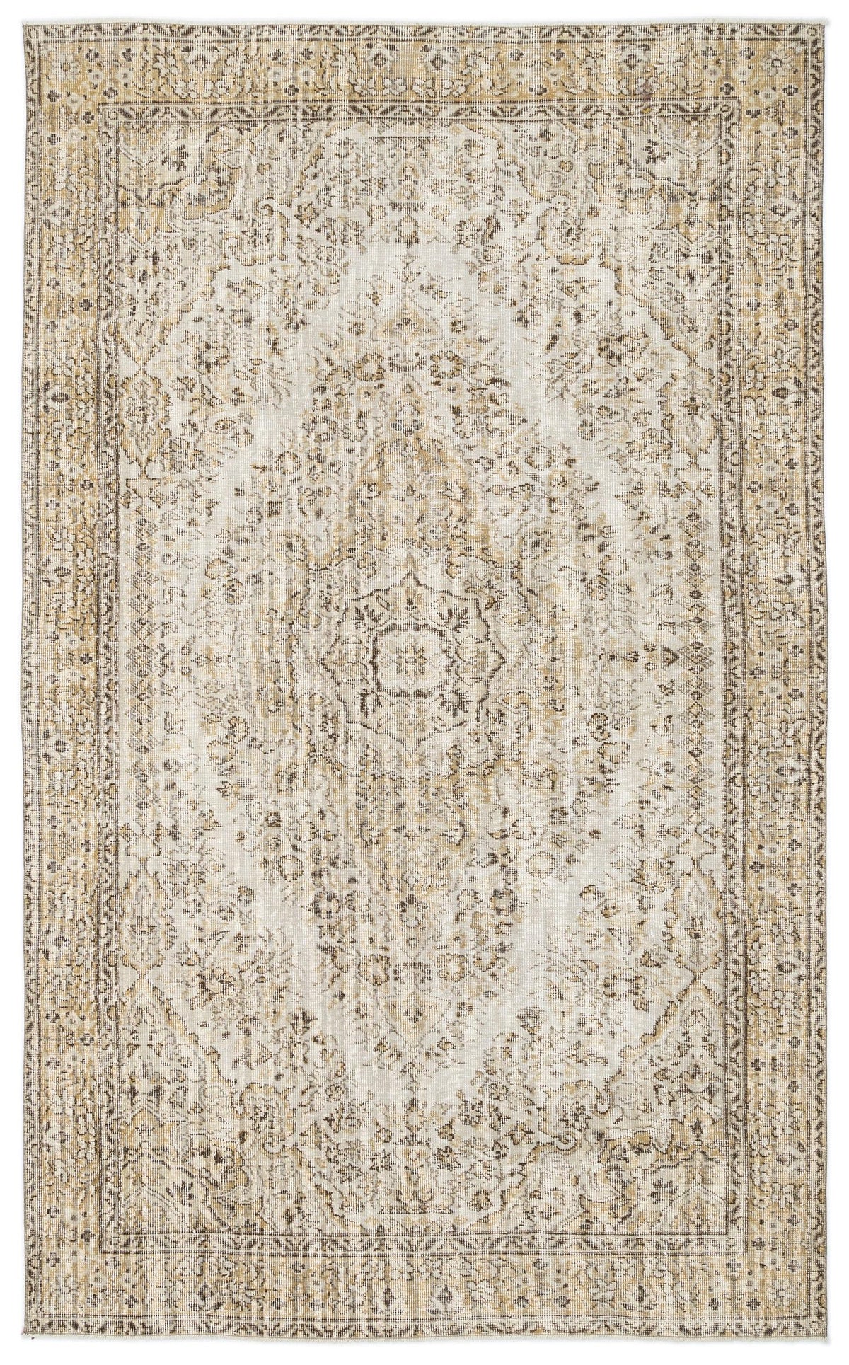 Beige and cream traditional rug with a distressed central medallion and ornate floral border.