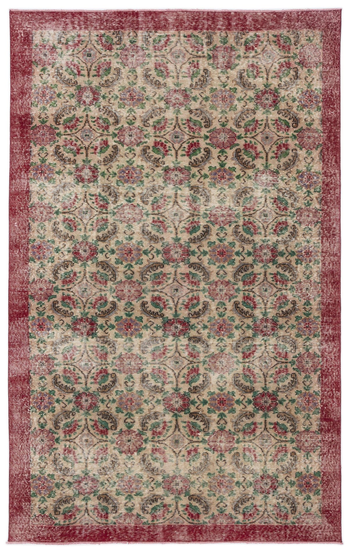 Distressed beige rug with a red border and a repeating floral medallion pattern in red, green, and purple.