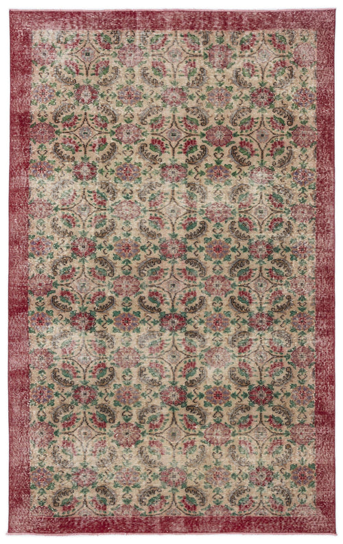 Load image 1 in gallery view. Distressed beige rug with a red border and a repeating floral medallion pattern in red, green, and purple.
