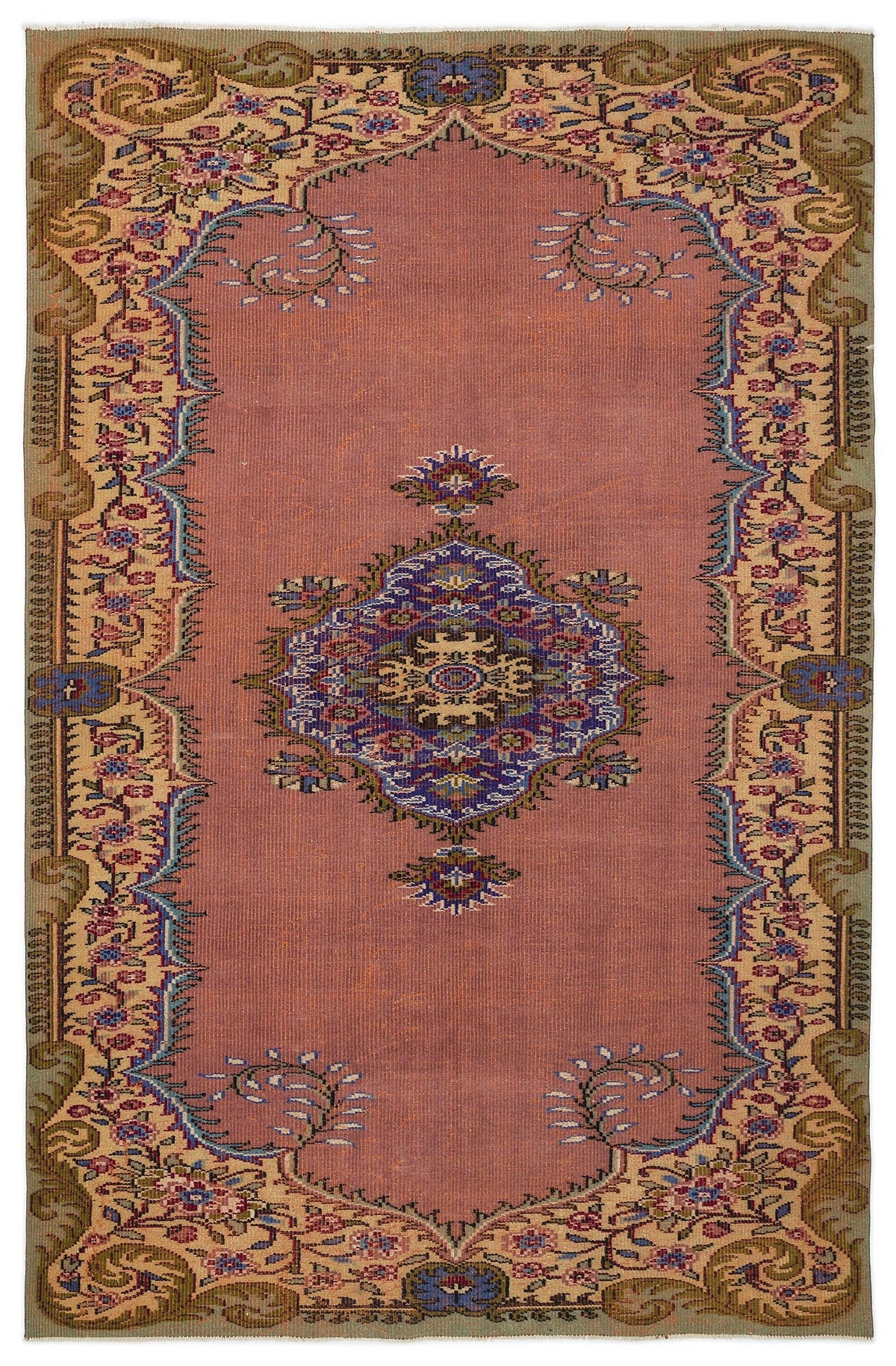 Dusty rose traditional rug with a central blue floral medallion and an ornate beige and olive green botanical border.