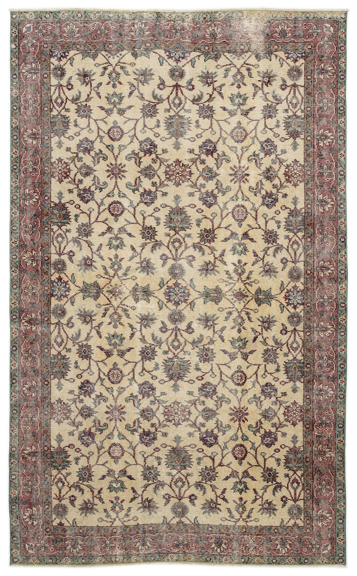 Beige traditional rug with a red and teal floral vine pattern and a wide decorative border.