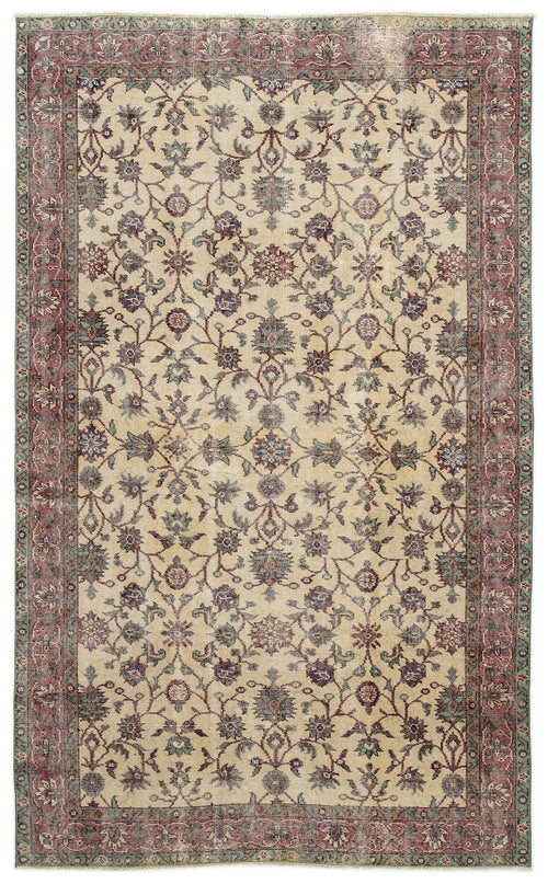 Load image 1 in gallery view. Beige traditional rug with a red and teal floral vine pattern and a wide decorative border.