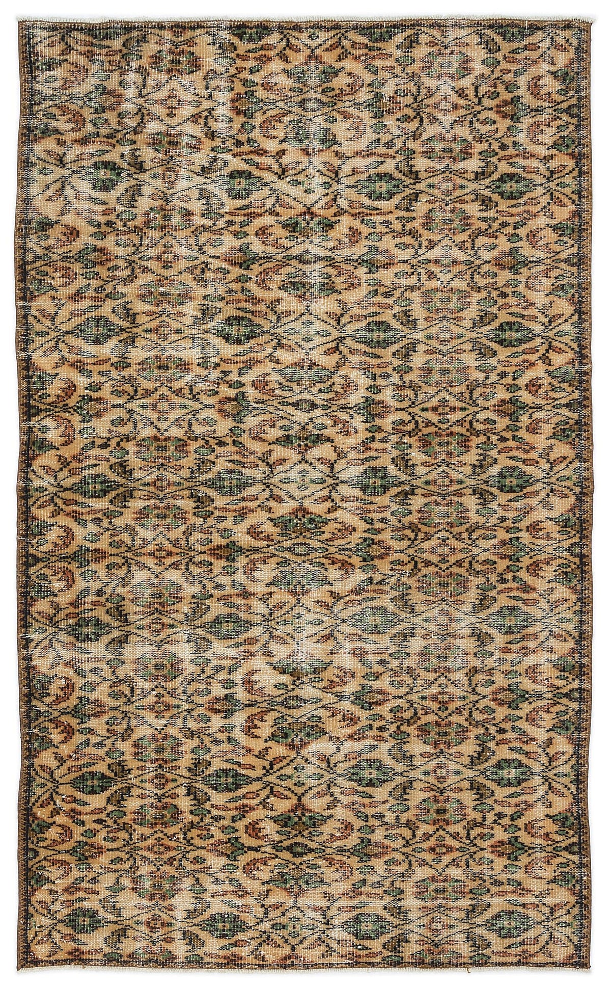 Tan, green, and brown vintage-style rug with a distressed, repeating geometric floral pattern.