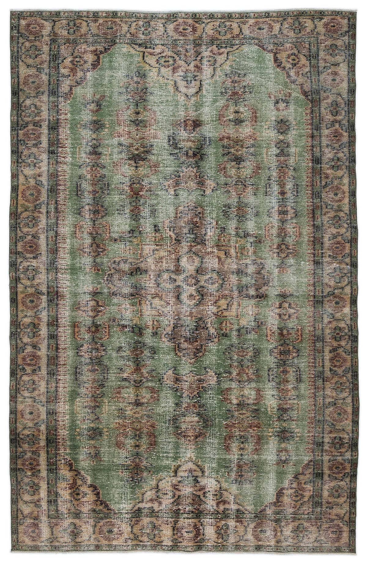 Sage green vintage-style rug with a distressed central medallion and ornate floral border in brown and muted blue tones.