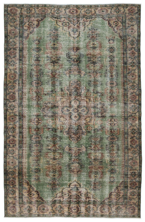Load image 1 in gallery view. Sage green vintage-style rug with a distressed central medallion and ornate floral border in brown and muted blue tones.