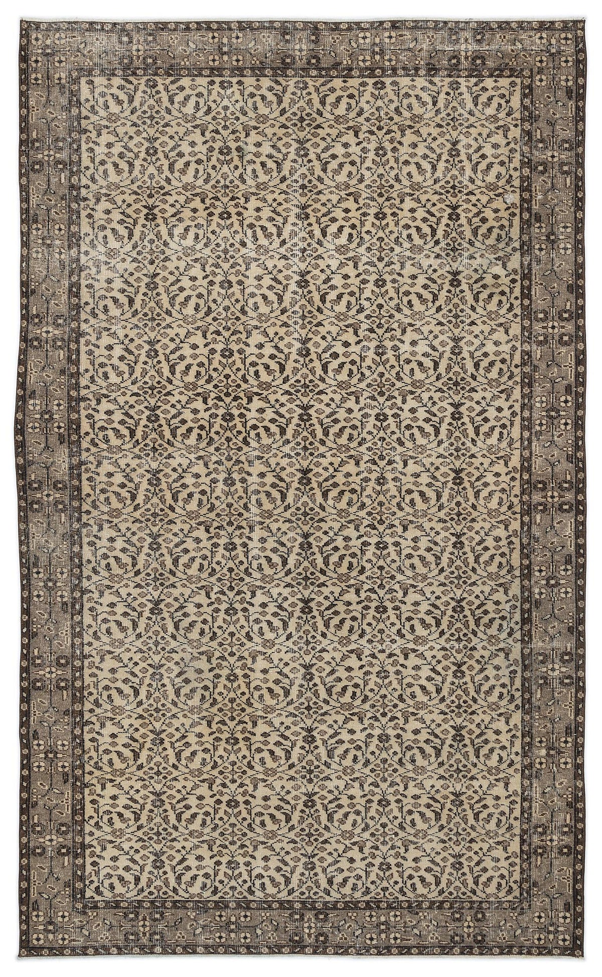 Beige and dark brown vintage-style rug with an intricate floral vine pattern and a wide decorative border.