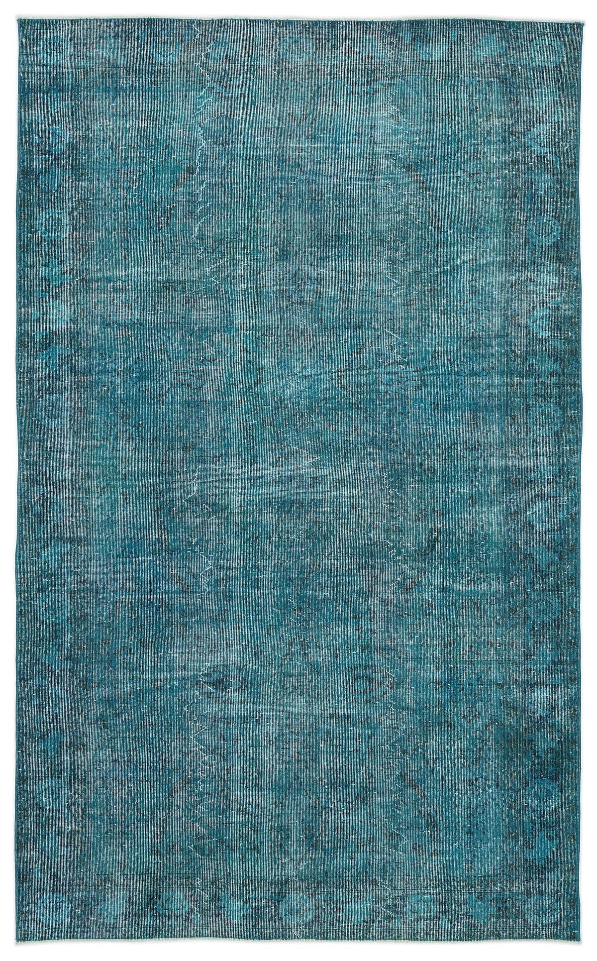 Teal distressed area rug with a faded traditional medallion pattern and a dark border.