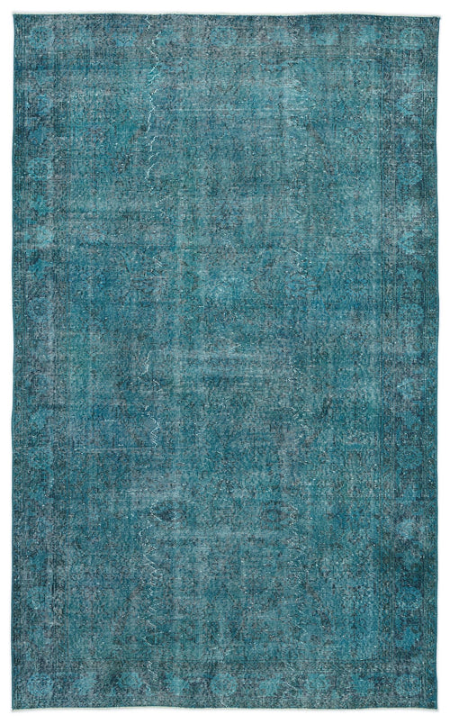 Load image 1 in gallery view. Teal distressed area rug with a faded traditional medallion pattern and a dark border.