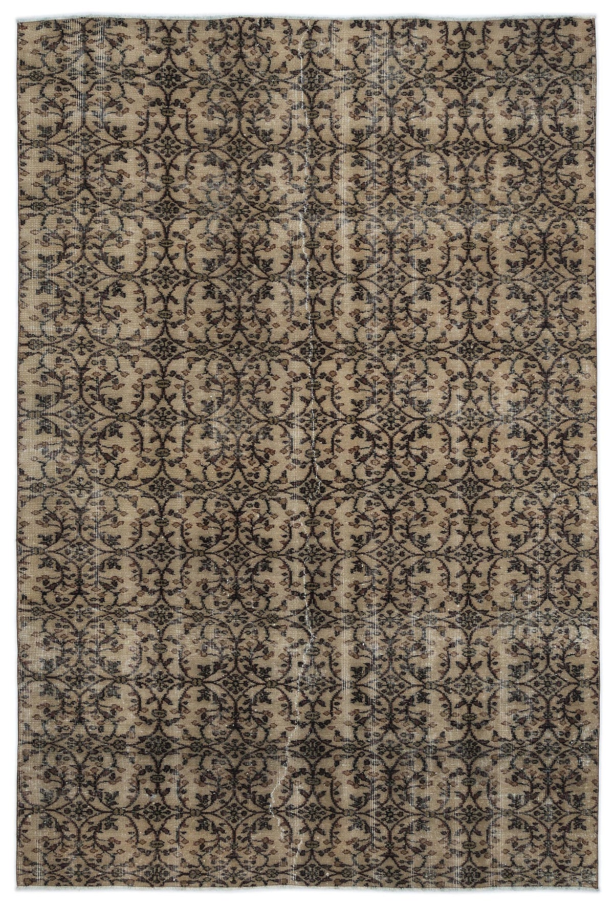 Beige and dark brown vintage-style rug with a repeating floral vine trellis pattern.