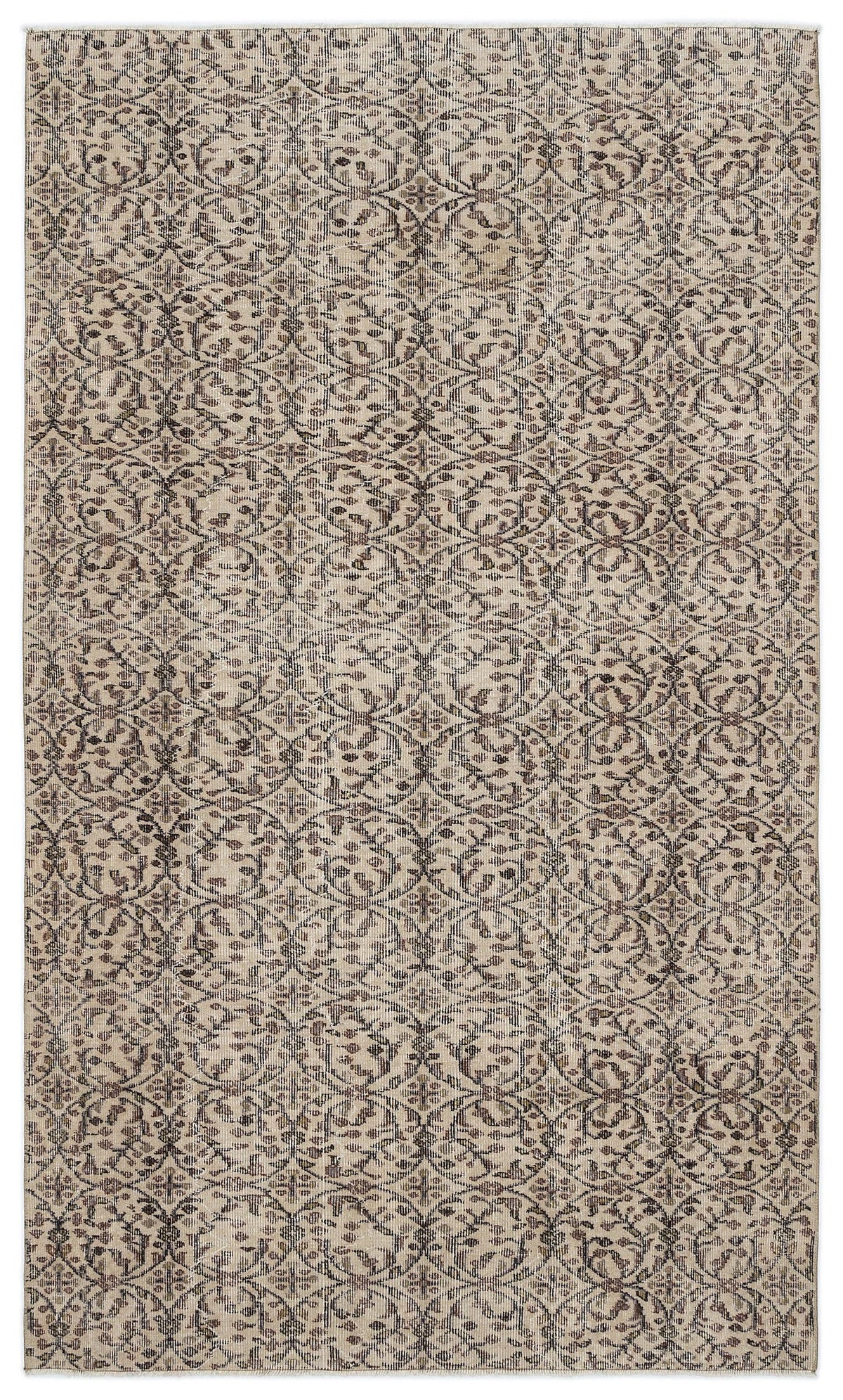 Beige and charcoal distressed rug with a repeating circular floral medallion pattern.