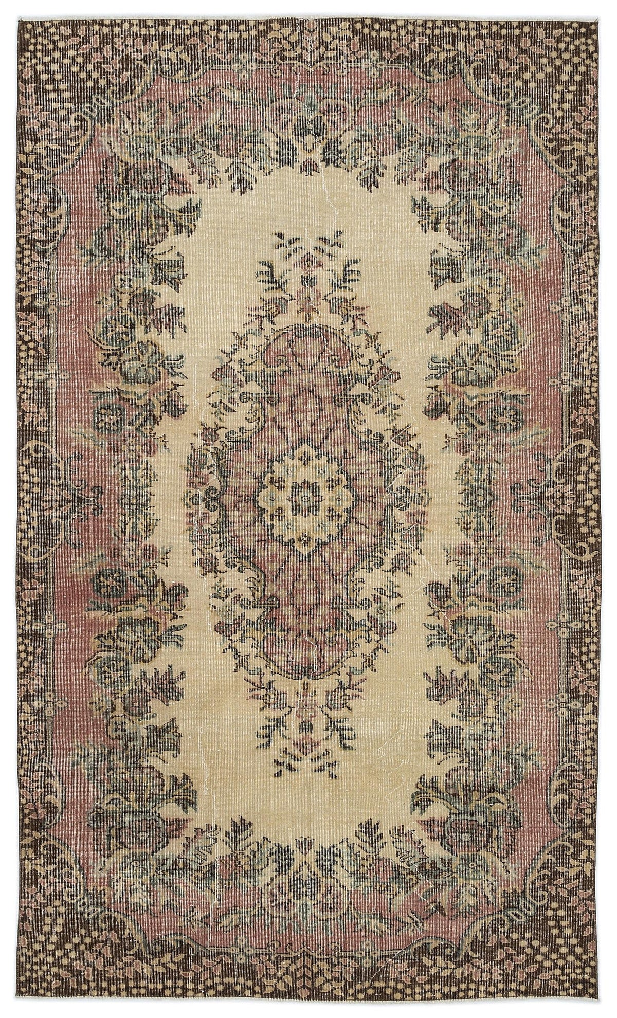 Distressed beige, brown, and muted red traditional rug with a central floral medallion and ornate border.