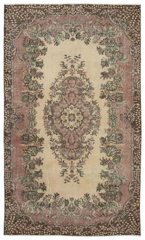 Load image 1 in gallery view. Distressed beige, brown, and muted red traditional rug with a central floral medallion and ornate border.