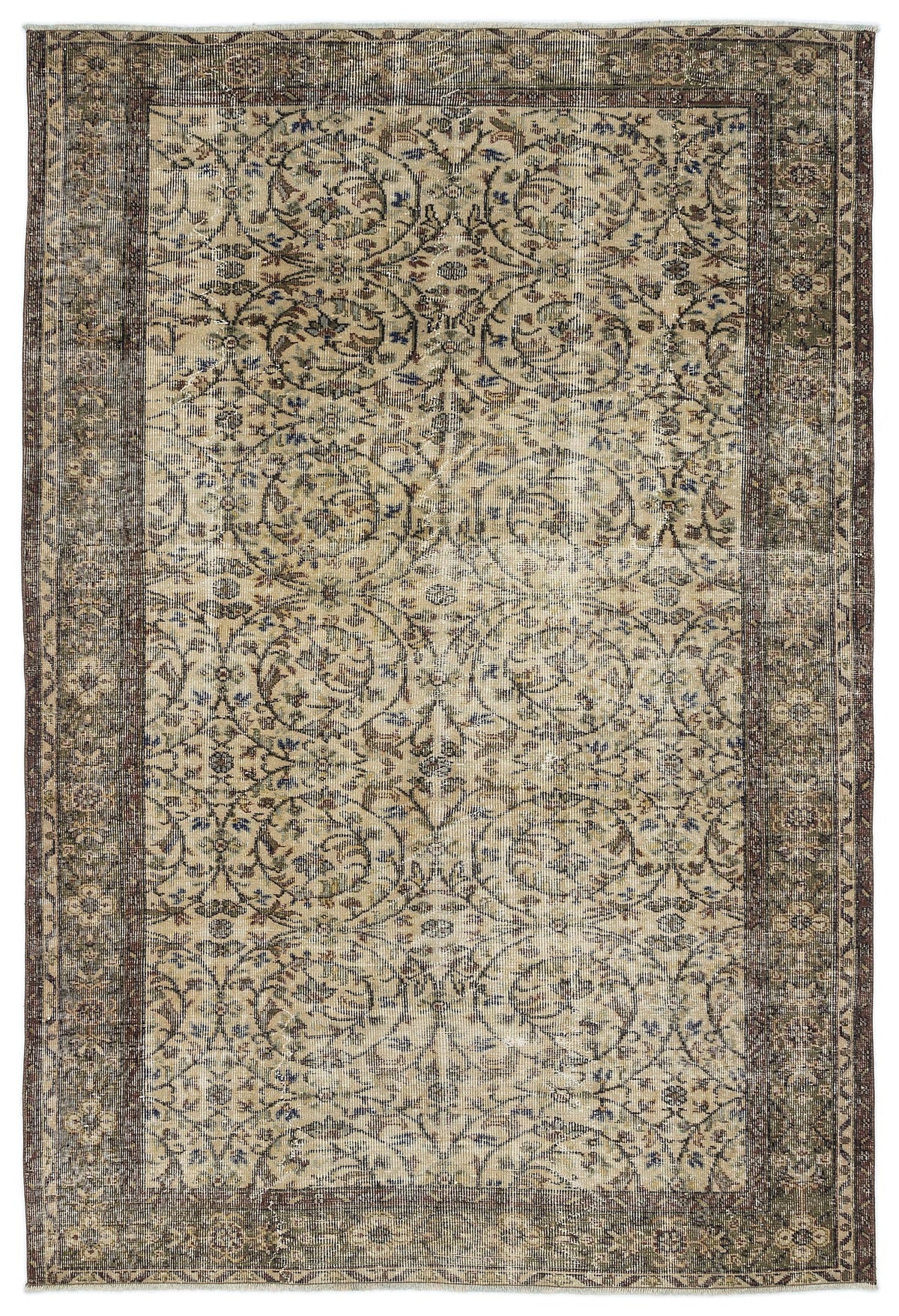 Beige and brown vintage-style rug with a distressed floral vine pattern and a wide decorative border.