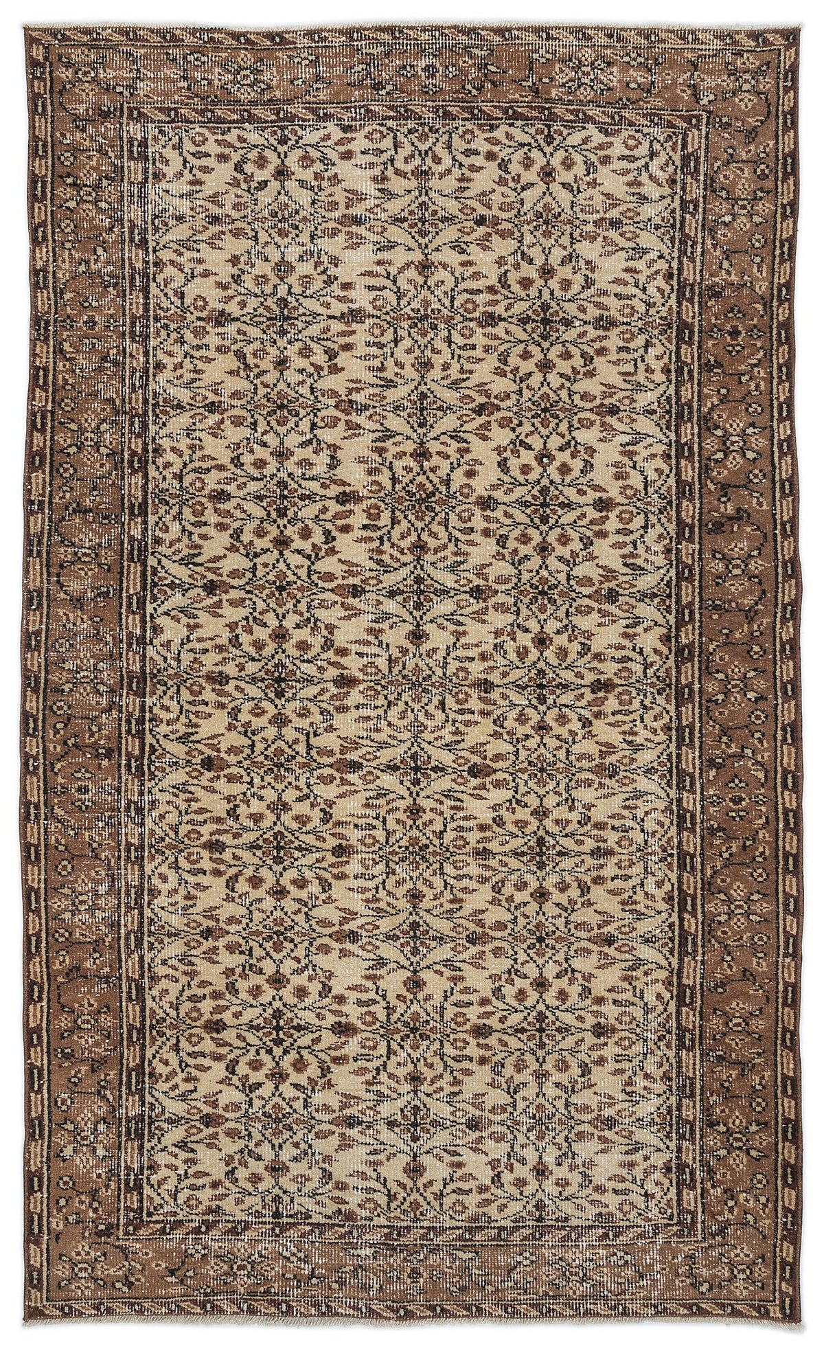 Beige and brown vintage-style rug with a repeating floral vine pattern and a wide, ornate border.