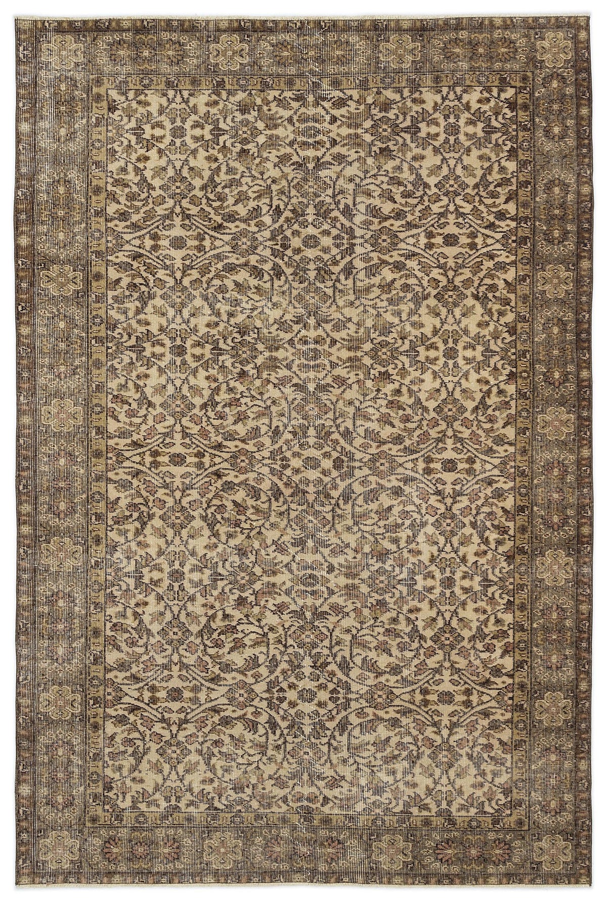 Beige and brown vintage-style rug with a distressed floral vine pattern and a decorative border.