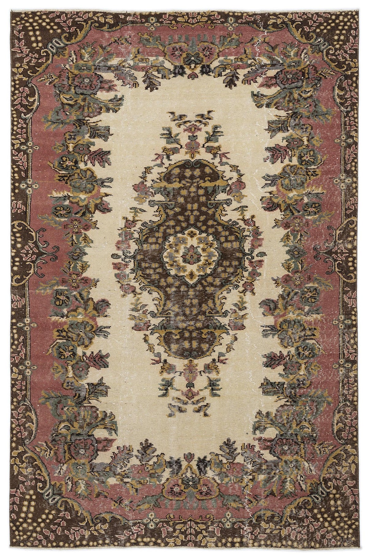Distressed cream rug with a central dark brown floral medallion and a wide, multi-colored floral border in rose and teal.