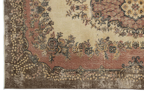Load image 1 in gallery view. Distressed traditional rug with a cream center, terracotta border, and dark brown floral medallion patterns.