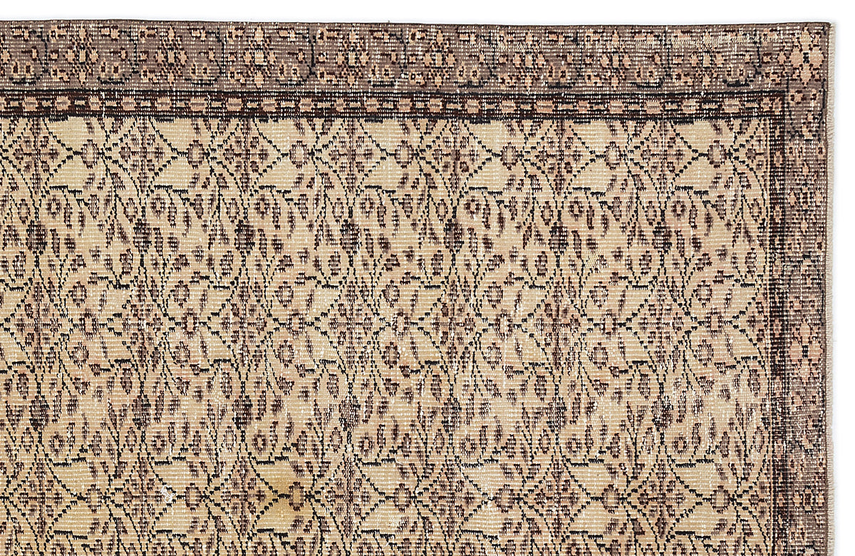 Beige and brown rug with a distressed floral lattice pattern and a decorative geometric border.