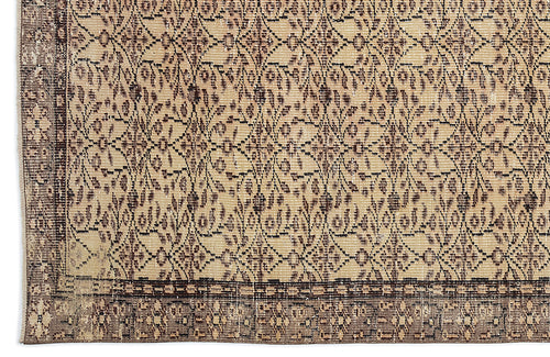 Load image 1 in gallery view. Beige and dark brown vintage-style rug with a distressed floral lattice pattern and a wide geometric border.