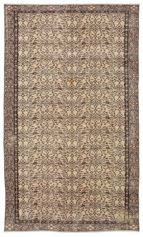 Load image 1 in gallery view. Beige and brown vintage-style rug with an all-over floral vine pattern and a dark, detailed border.