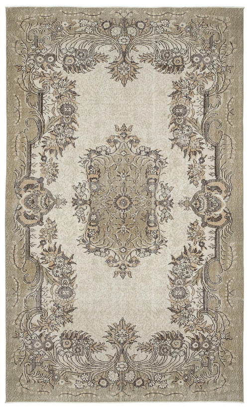 Load image 1 in gallery view. Beige and taupe traditional rug with a central floral medallion and ornate botanical border on a cream background.