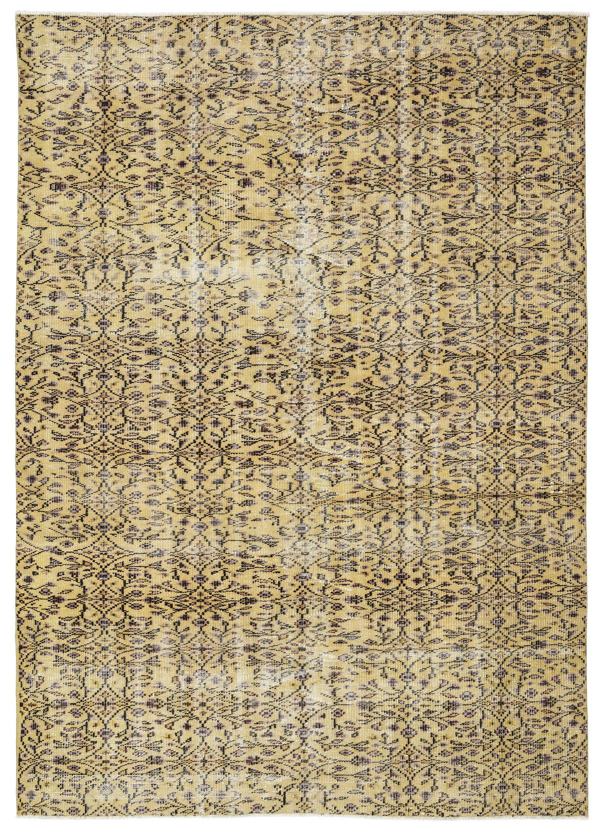 Mustard yellow and charcoal distressed rug with an all-over intricate floral vine pattern.
