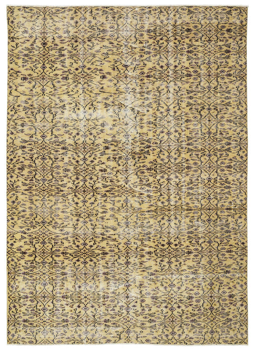 Load image 1 in gallery view. Mustard yellow and charcoal distressed rug with an all-over intricate floral vine pattern.
