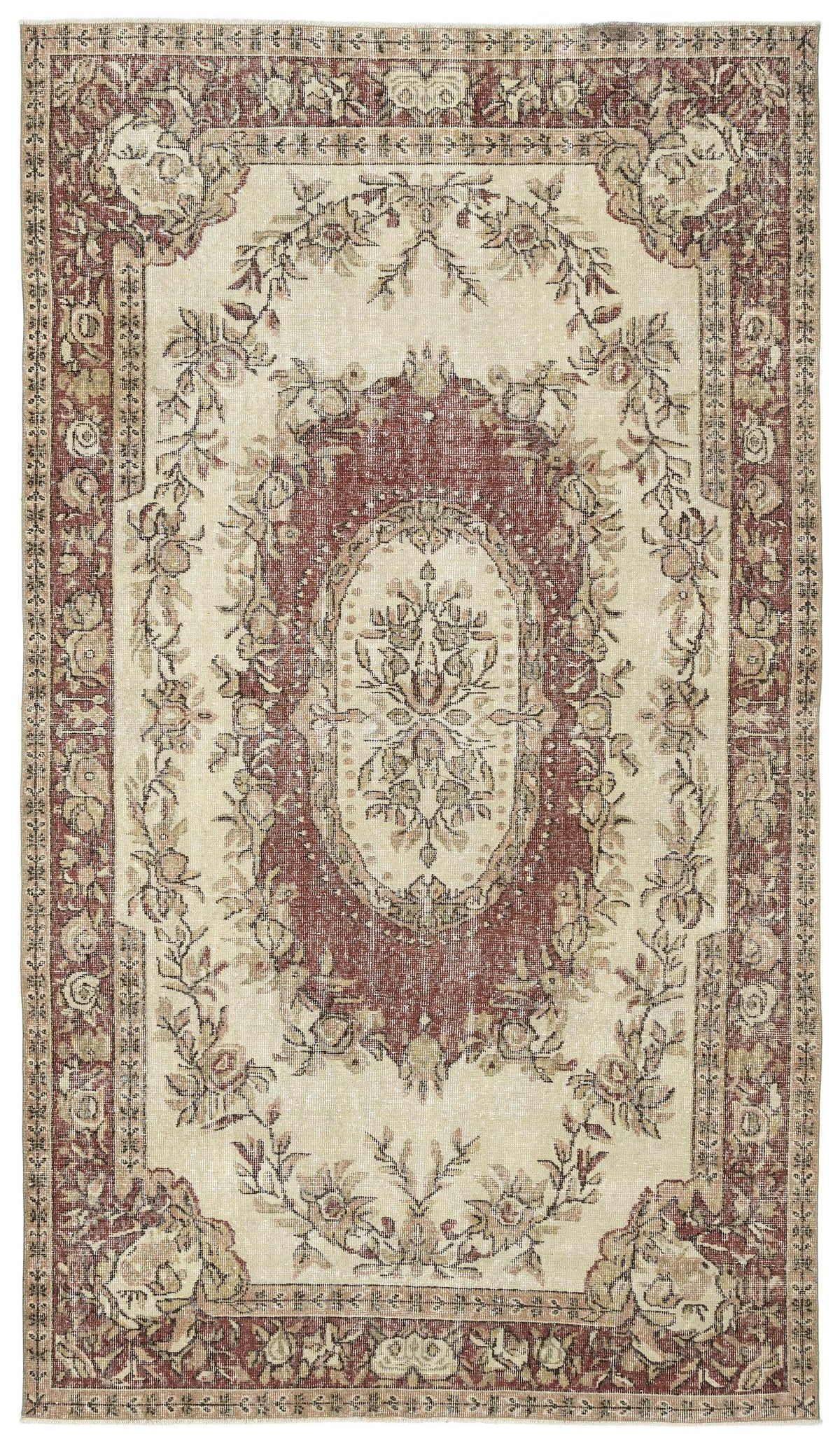 Cream and burgundy traditional rug with a central floral medallion and ornate botanical border.