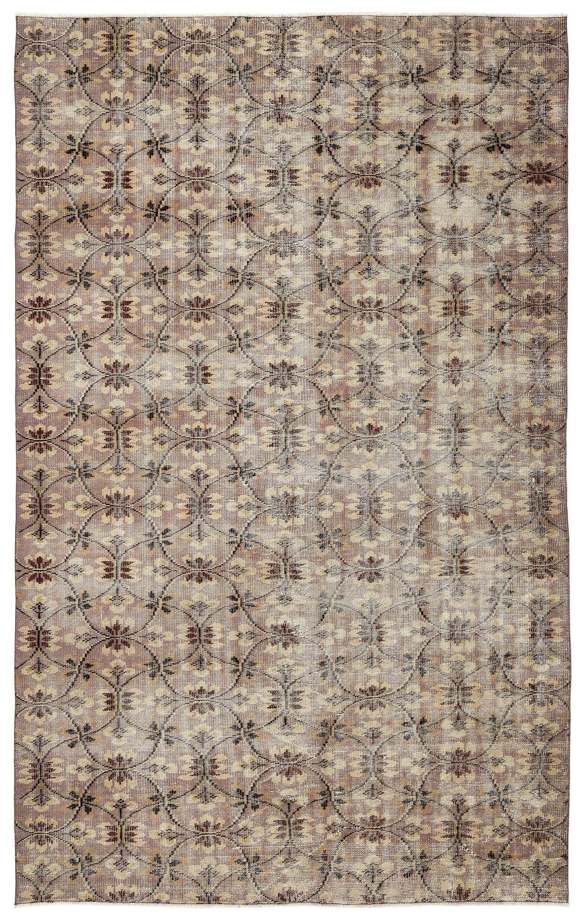Taupe and beige vintage-style rug with a repeating dark brown floral trellis pattern.