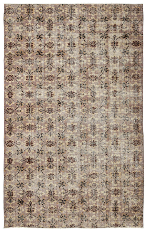 Load image 1 in gallery view. Taupe and beige vintage-style rug with a repeating dark brown floral trellis pattern.