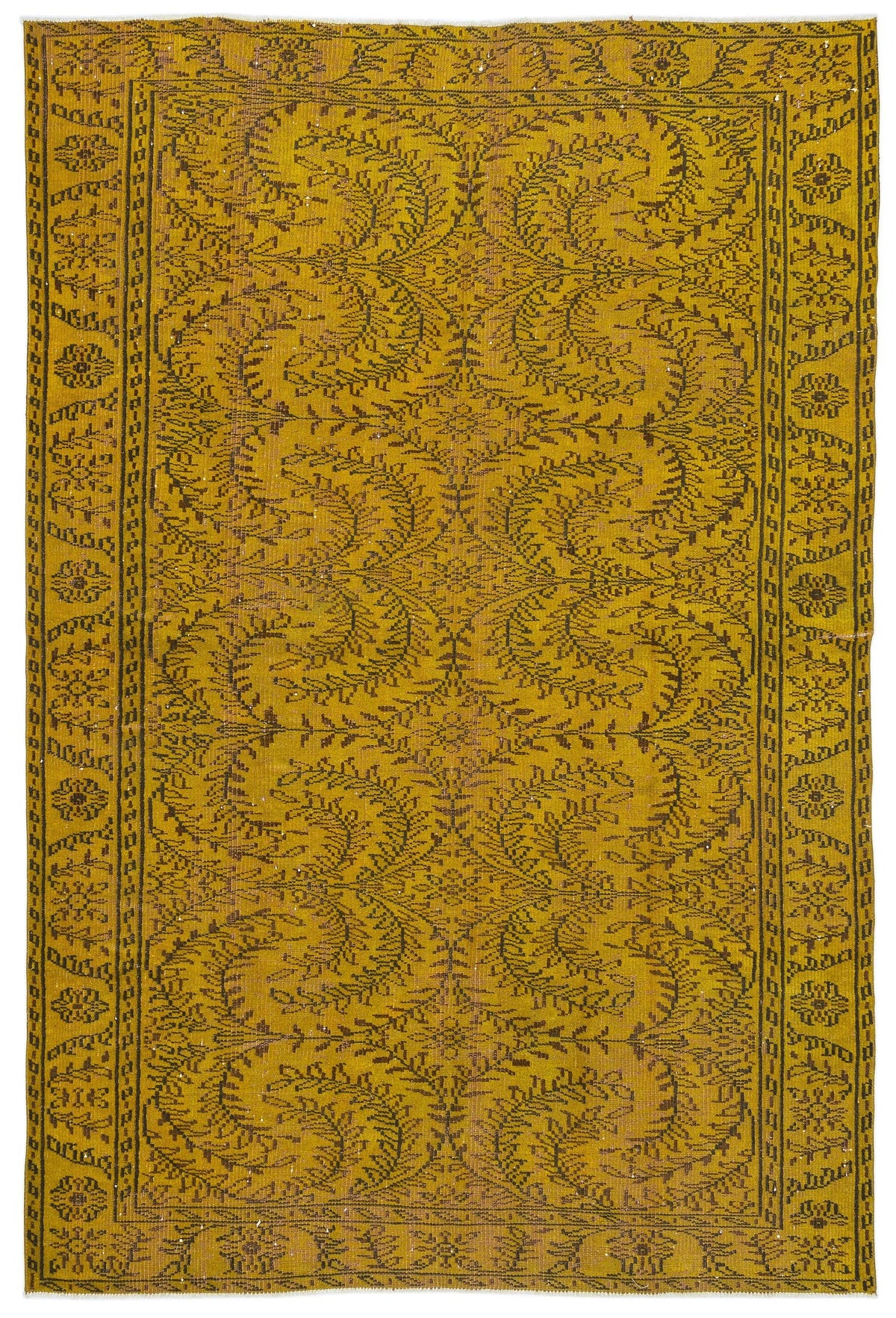 Mustard yellow rug with a dark brown botanical vine pattern and a geometric floral border.