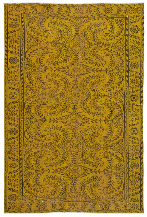 Load image 1 in gallery view. Mustard yellow rug with a dark brown botanical vine pattern and a geometric floral border.