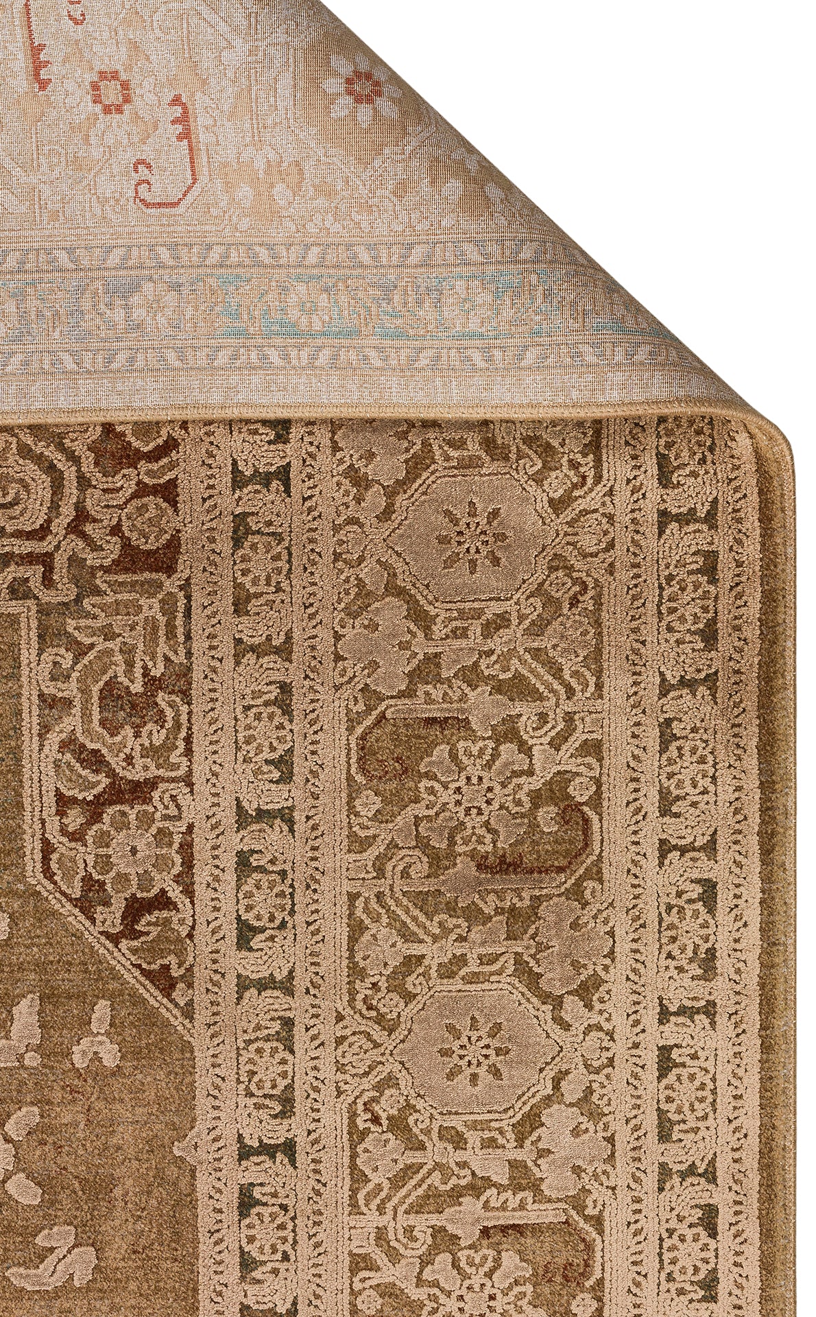 Tan and brown traditional rug with a folded corner revealing a floral medallion pattern and a teal-accented border.