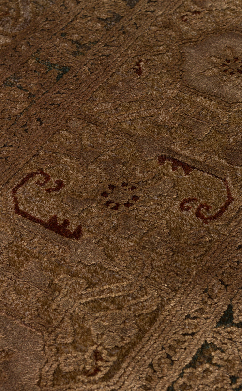 Load image 1 in gallery view. Dark brown wool rug with a distressed, traditional medallion pattern and deep red accents.