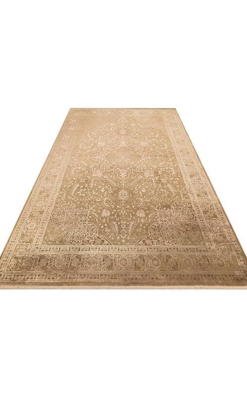 Load image 1 in gallery view. Beige and tan traditional rug with an intricate floral medallion pattern and a detailed border on a white background.