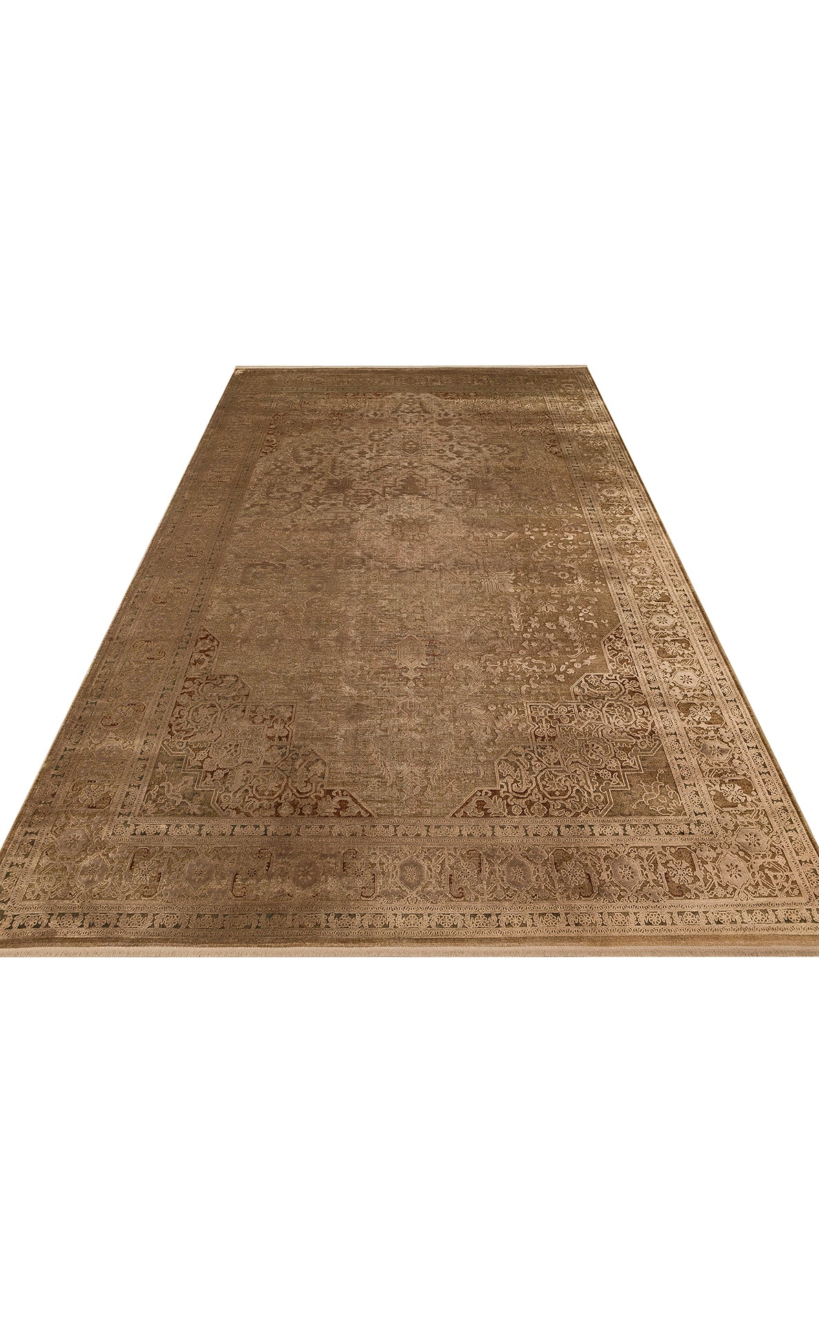 Monochromatic brown traditional rug with a distressed Persian-style medallion pattern and ornate border.