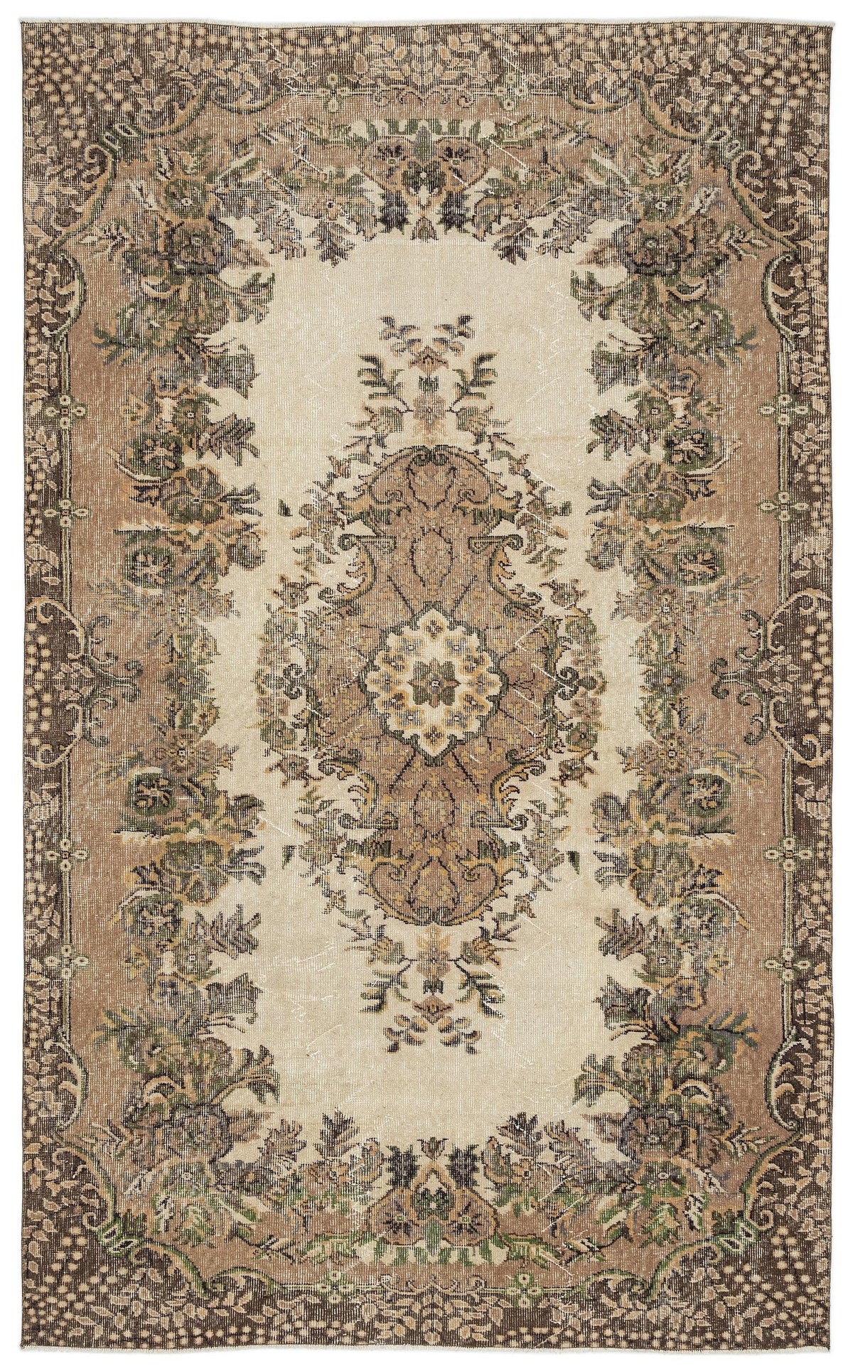 Distressed beige, brown, and sage green rug with a central floral medallion and ornate botanical border.